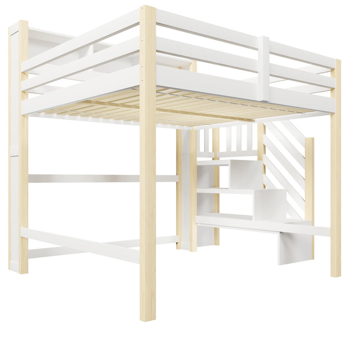 HOCHBETT 140x200 cm in Weiß/Natur mit LED-Beleuchtung und Stauraumtreppe - Weiß, Holz (140/200cm) - IVMEU