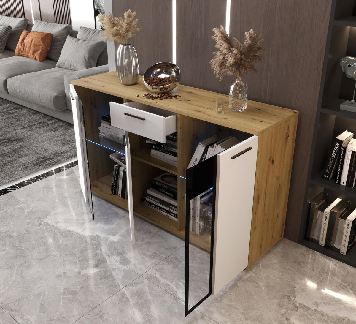 KOMMODE London LSK mit 3 Türen, Sideboard in Farbe: Weiß|Braun, Größe: 140 x 80 x 40 cm - Weiß/Braun, Holzwerkstoff (140/80/40cm) - O-Sofa