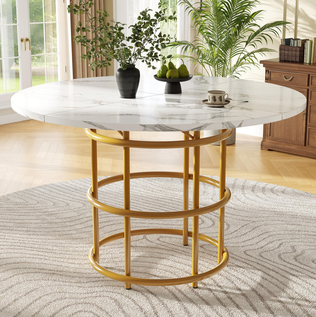 ESSTISCH 100x100x76 cm in Weiß und Gold aus MDF mit Marmoroptik auf goldfarbenem Metallgestell - Goldfarben, Holzwerkstoff (100/100/76cm) - Modfu