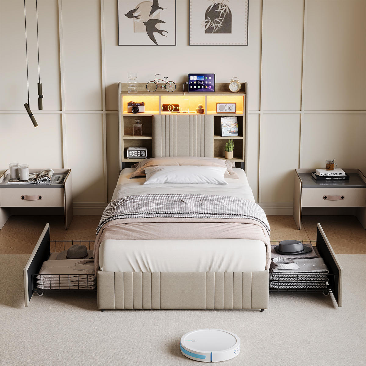 POLSTERBETT 90/200 cm Beige mit 2 Schubladen, LED-Kopfteil mit Ablage und USB - Beige, Metall (90/200cm) - EuroLiving