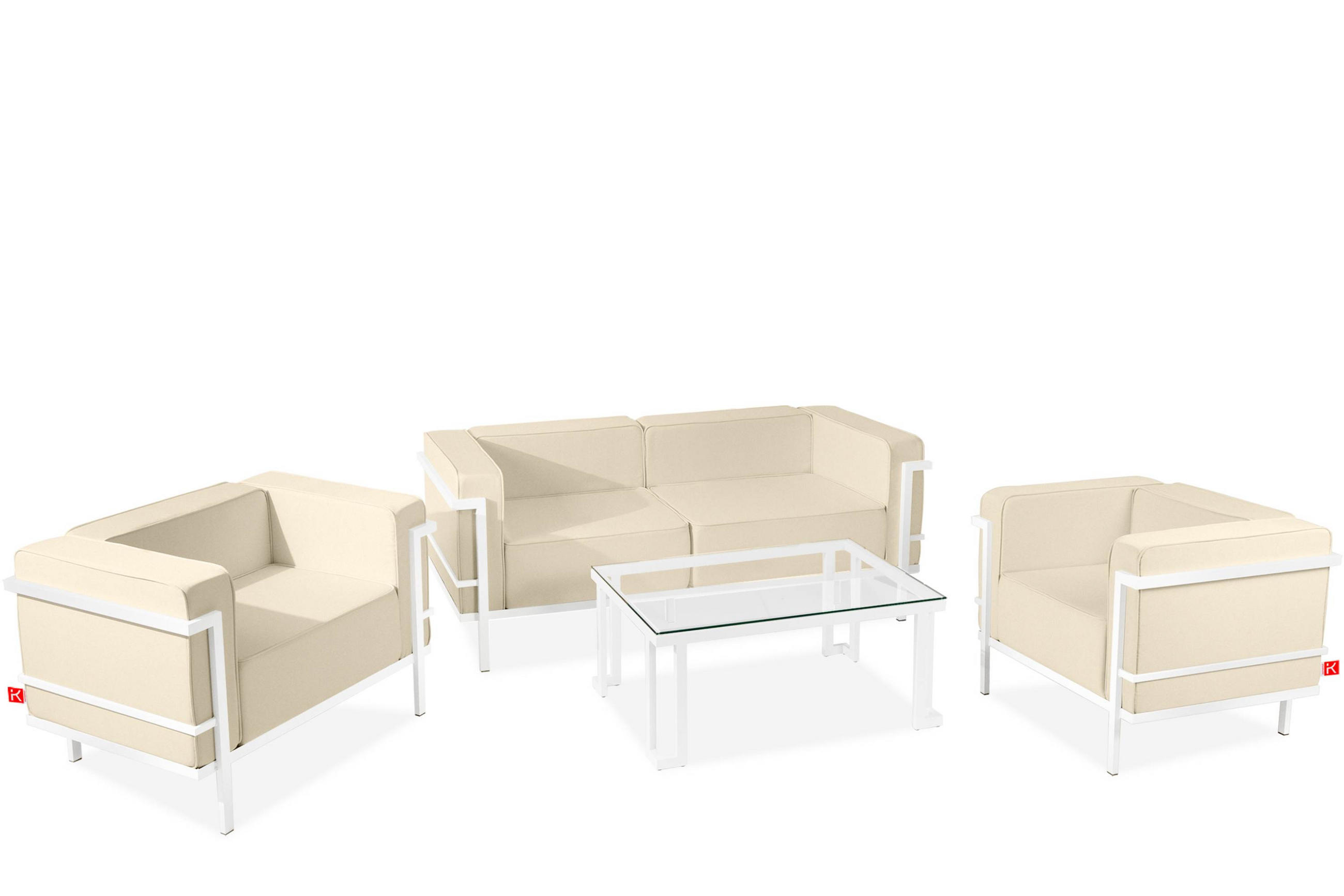 GARTENLOUNGE-SET TRIGLO 4-tlg., 1x Tisch, 2x Sessel, 1x Sofa 2-Sitzer, Modern, Weiß/Cremeweiß - Creme/Weiß, Textil/Metall - KONSIMO®