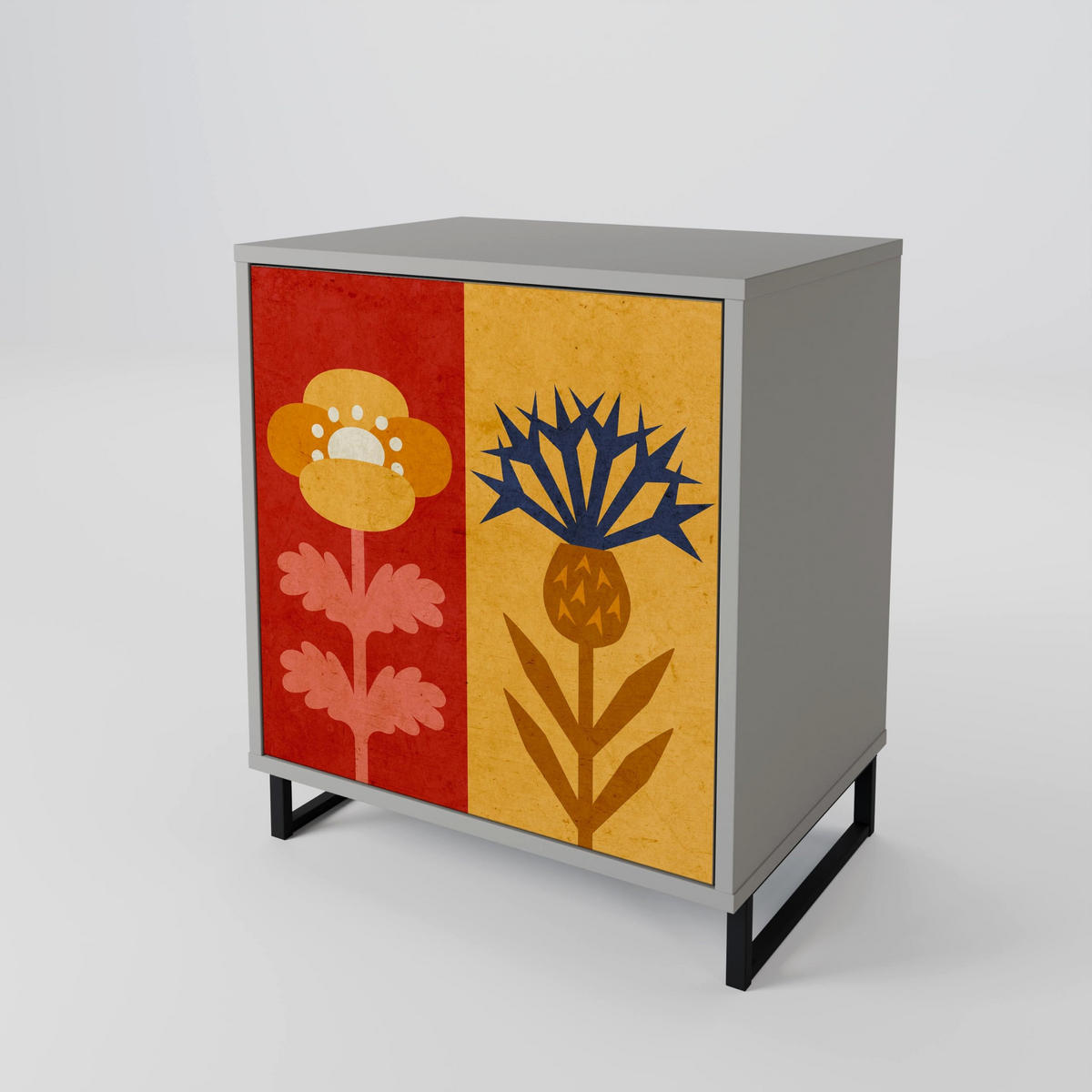 SIDEBOARD SCANDIC FLOWERET, Grau, 57,5x42x70,5 cm, Schwarze Metall-Sternfüße - Multicolor/Schwarz, Holzwerkstoff/Metall (57.5/70.5/42cm) - SpaceRebels