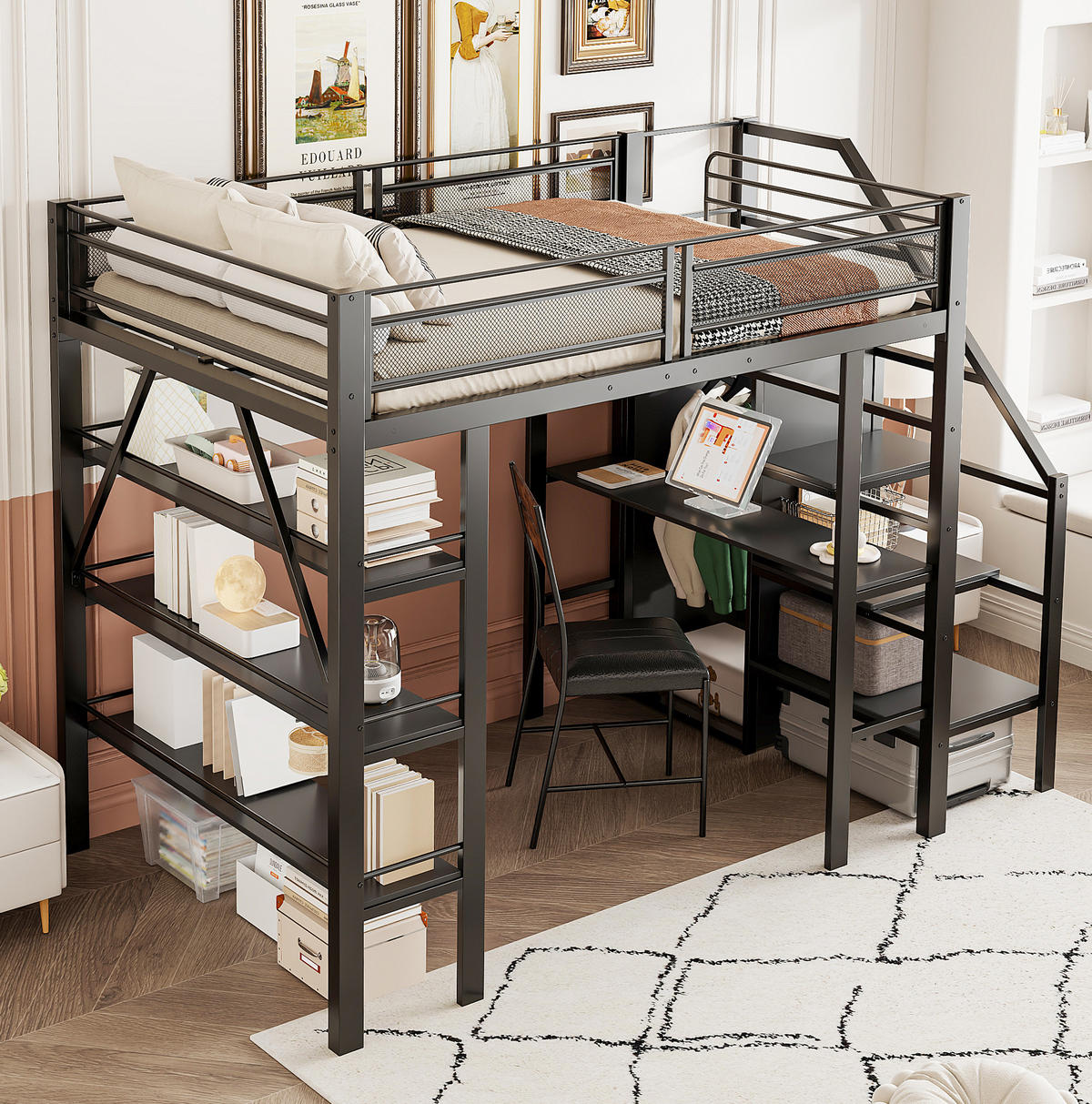 HOCHBETT 140/200 cm mit Schreibtisch, Regal, Kleiderschrank und Sicherheitstreppe, Metall, Schwarz - Schwarz, Metall (140/200cm) - Redom