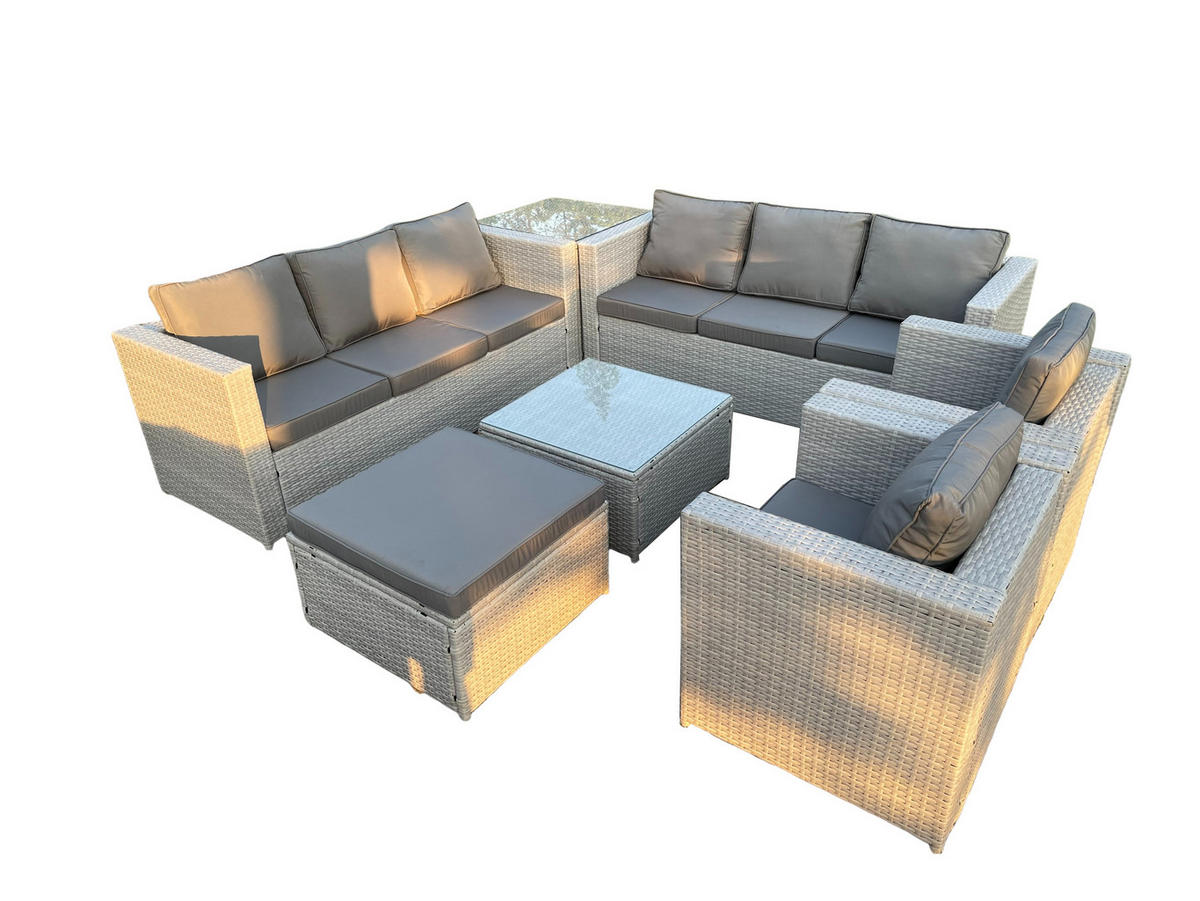GARTENMÖBEL-SET SOFA SESSEL COUCHTISCH HOCKER BEISTELLTISCH Polyrattan Helles Grau 9-Sitzer - Hellgrau, Metall - Fimous