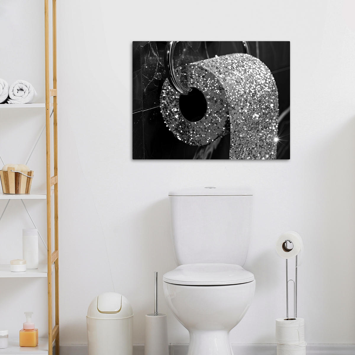 LEINWANDBILD WC - Toilettenpapier - Schwarz und weiß - Glitter Wandbilder 80x60 cm - Silberfarben, Textil (80/60cm) - MuchoWow