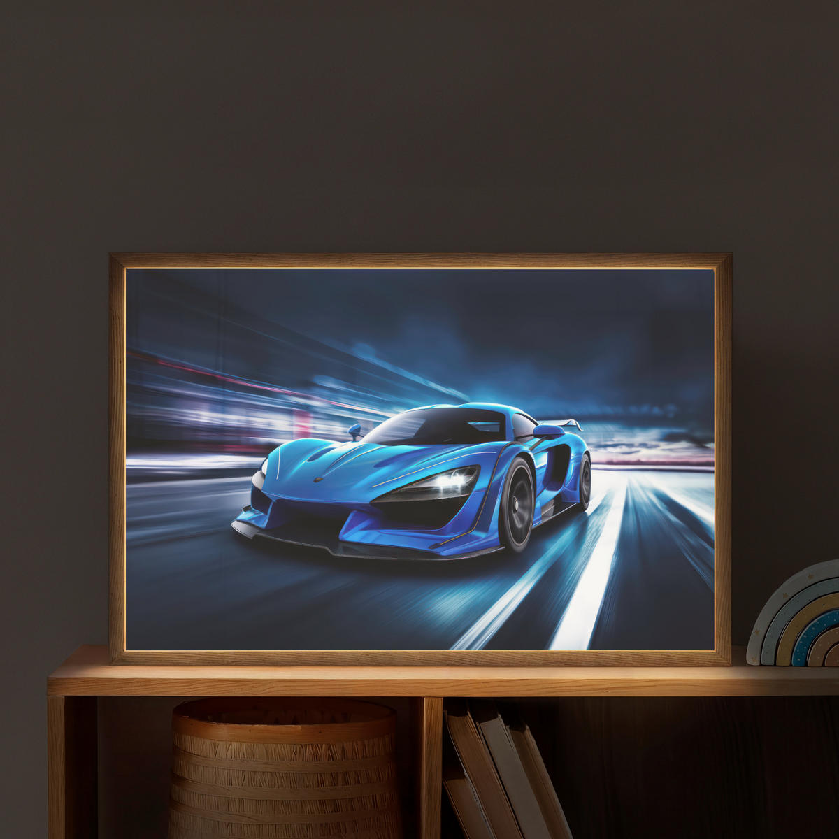 DOBÍJECÍ NOČNÍ LAMPIČKA Auto - Modrá - Chlapci - Dítě 60x40 cm - modrá, kompozitní dřevo (8/60/40cm) - OnlyWow