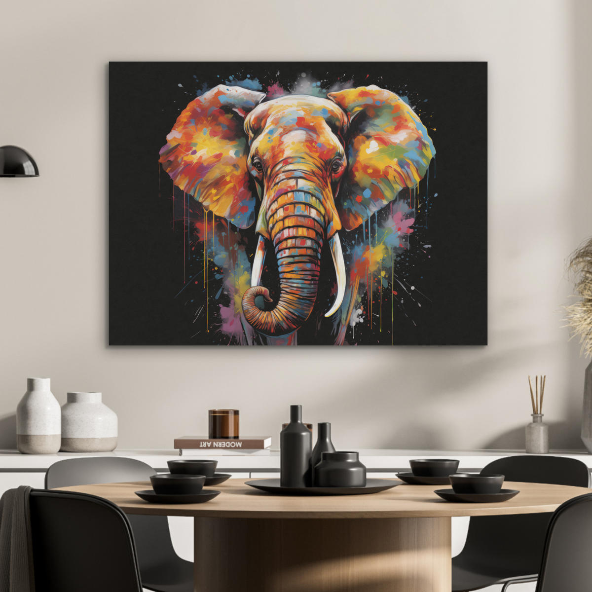 AKUSTIKPANEEL Elefant - Graffiti - Schwarz - Tiere - Farben 80x60 cm - Schwarz, Textil (80/0.9/60cm) - MuchoWow