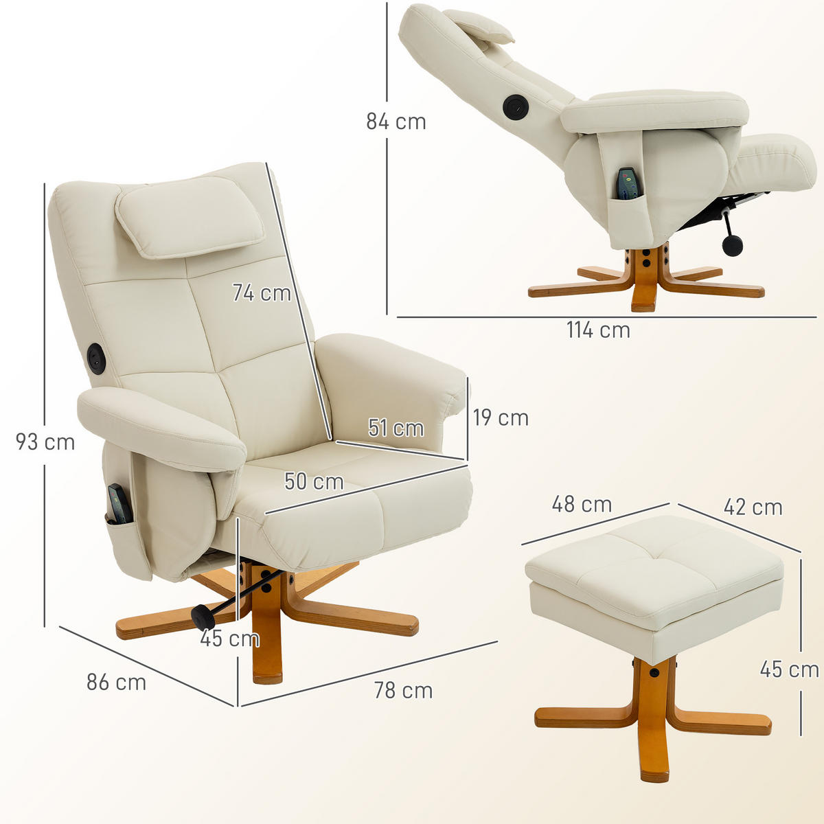 MASSAGESESSEL DE-15403 neigbar mit Staufach und Massage - Creme, Metall (78/93/86cm) - ComfortXL