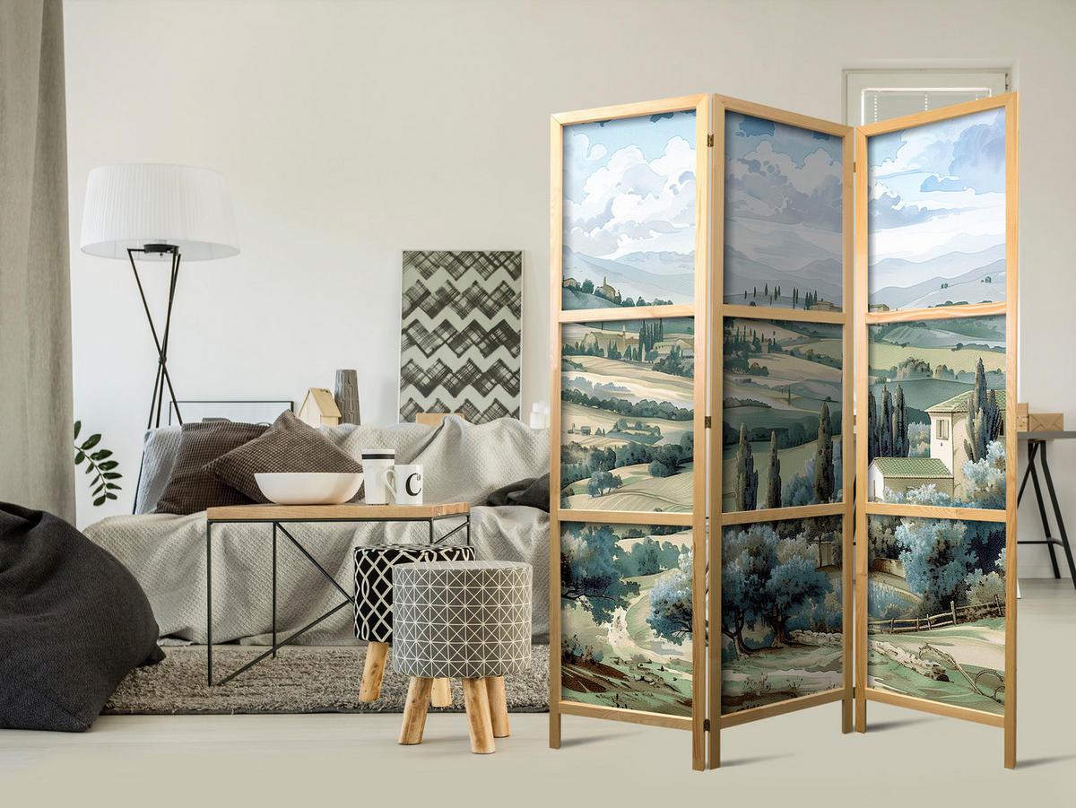 PARAVENT Japanischer 3-tlg 135x172 cm Gr ne Landschaft - Multicolor, Holz/Textil (135/172/3cm) - Muralo