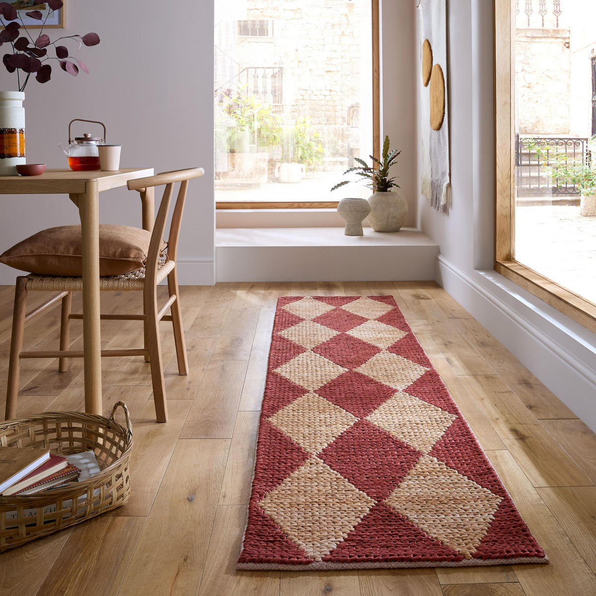 TEPPICH Jute Flachgewebe Rauten Muster, Wohnzimmer Terrakotta Läufer 80x230 - Terracotta, Textil (80/230cm) - KADIMA DESIGN