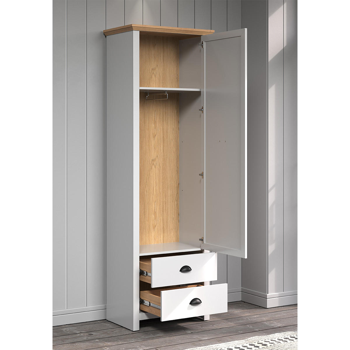 Garderobenschrank 1 Tür und 2 Schubladen B65 cm – LANDSIDE - Grau, Holzwerkstoff (65/201/41cm) - ebuy24