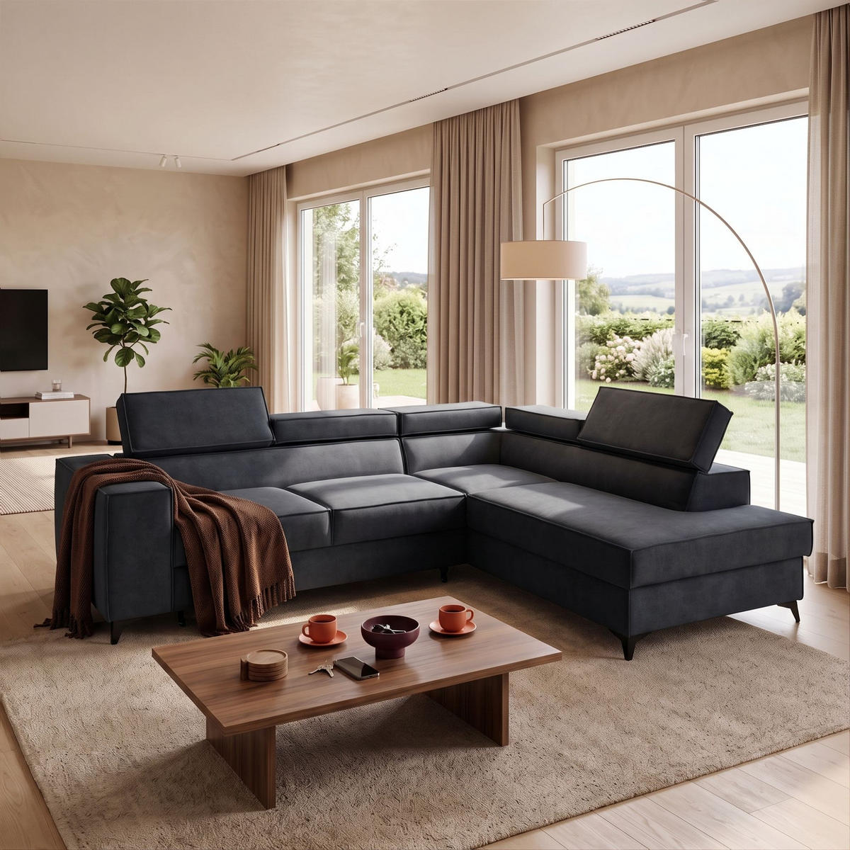 ECKSOFA PURE L Rechts mit Schlaffunktion 127x199 Velours Graphit - Graphitfarben/Schwarz, Holz/Textil (204/281cm) - Muffo