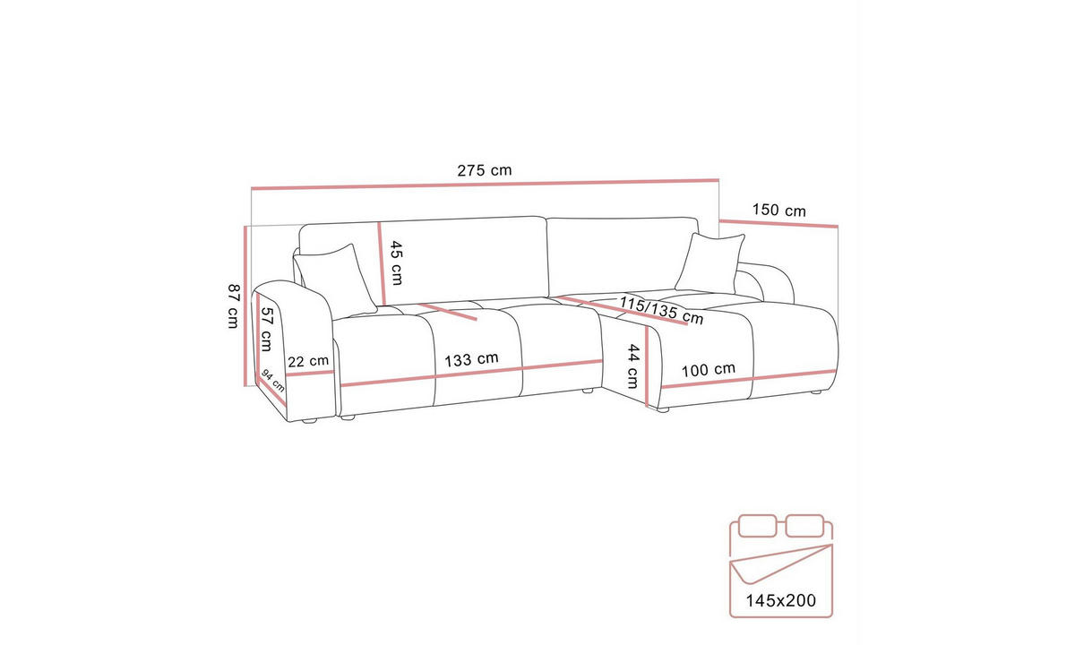 ECKSOFA MALIBU XL 275/150/87 cm Coral 75 - Grau, Textil (275/150cm) - Lookway