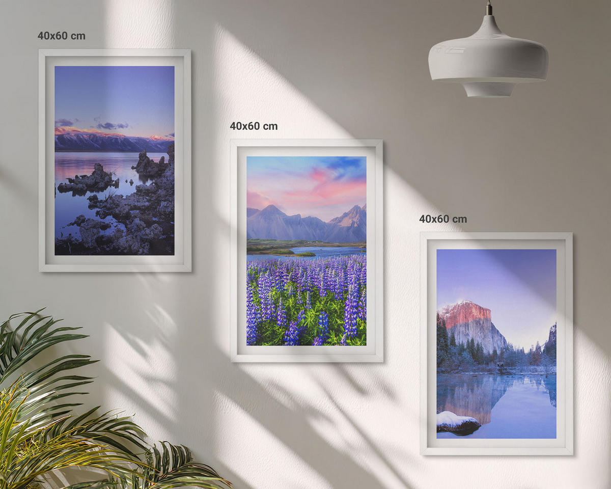 BILDER SET 3er Set - 40x60 cm Weißer Rahmen - Berglandschaften mit Wasser und Himmel - Weiß, Kunststoff (40/60cm) - TULUP
