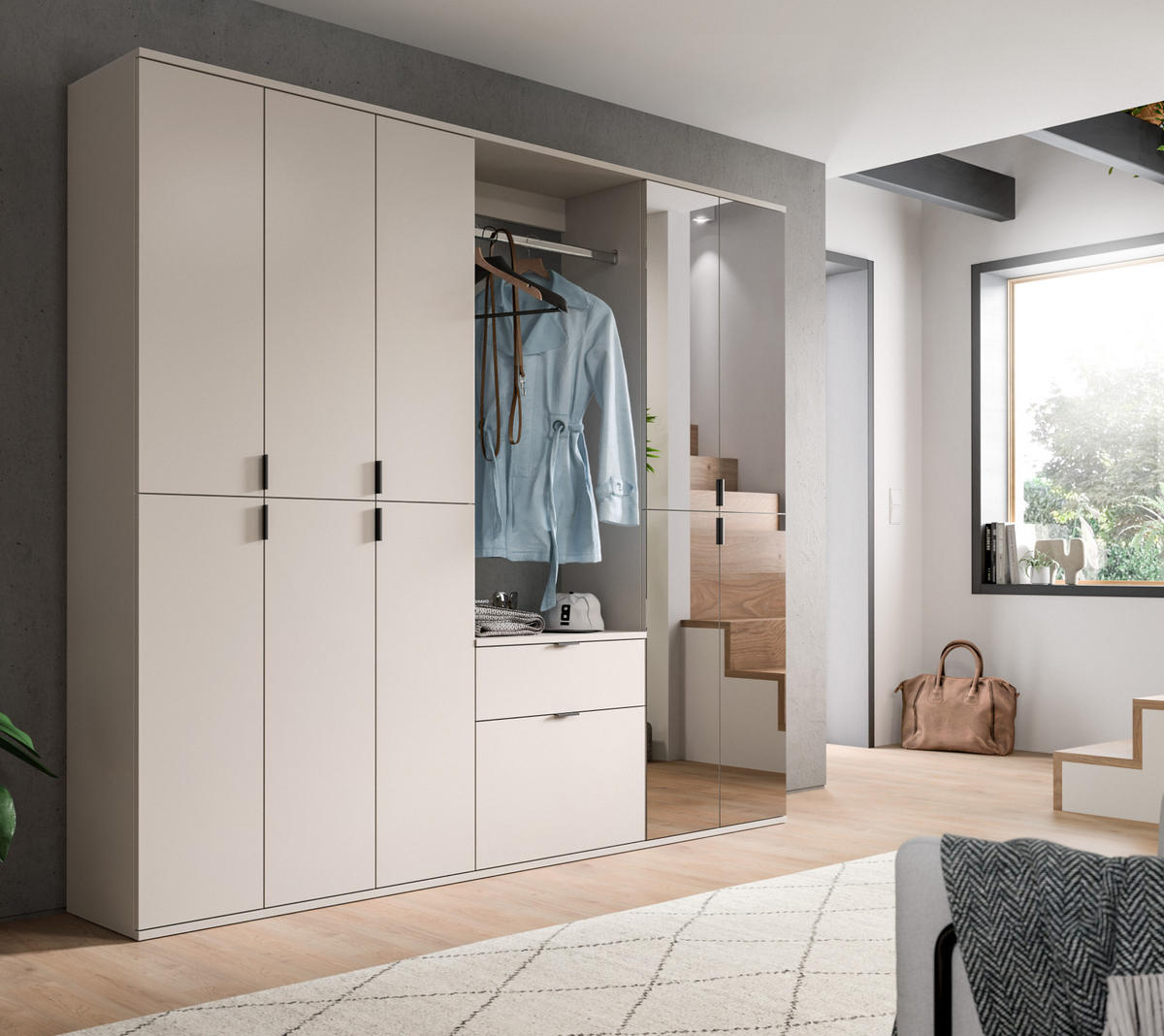 GARDEROBEN-SET Kaschmir 213 x 193 cm, Garderobenschrank mit Spiegel - Kaschmir/Schwarz, Glas/Holzwerkstoff (213/193/34cm) - Inn.Furn