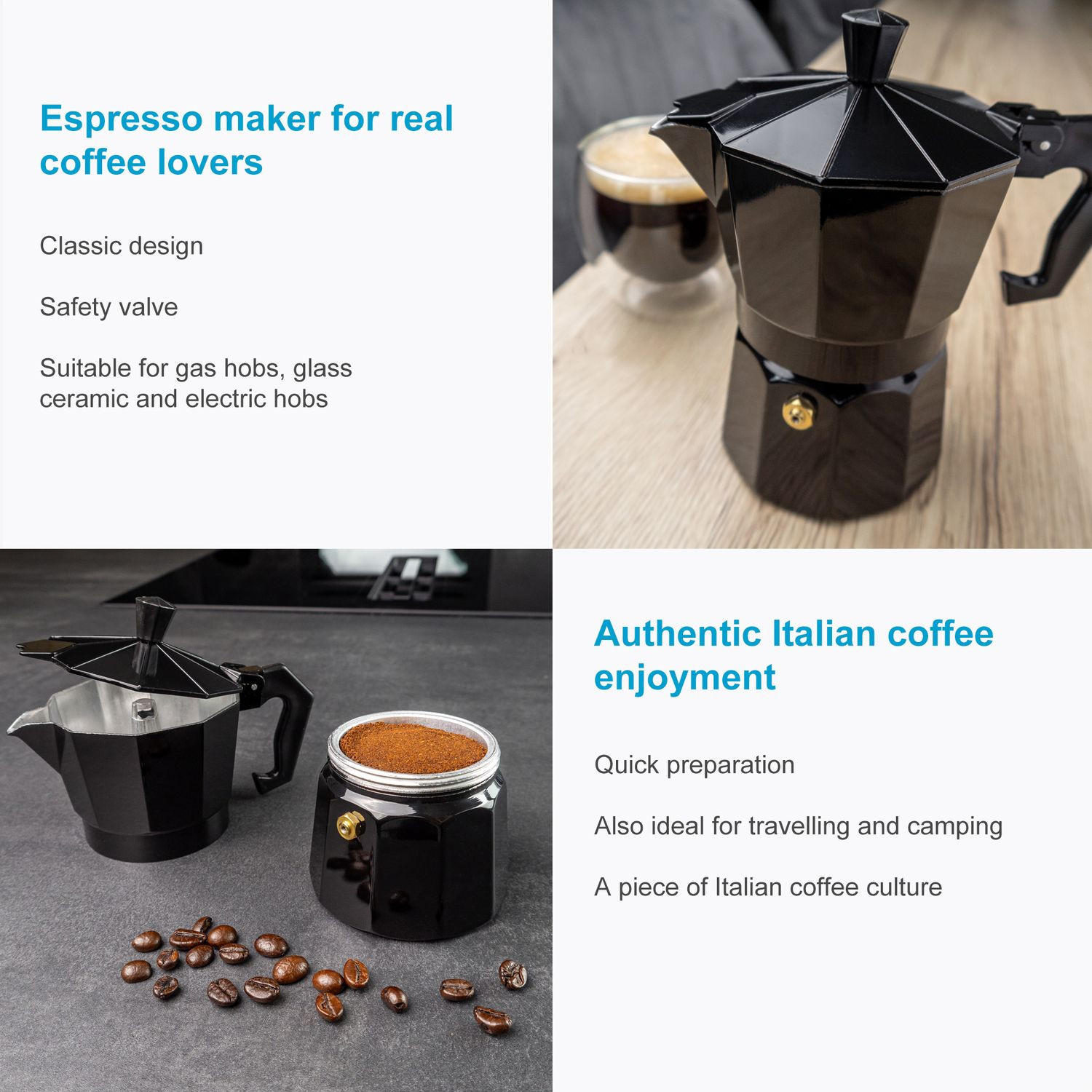 ESPRESSOKOCHER Aluminium 3 Tassen Mokka-Kanne - Schwarz, Metall (8.5/10/16cm) - Intirilife