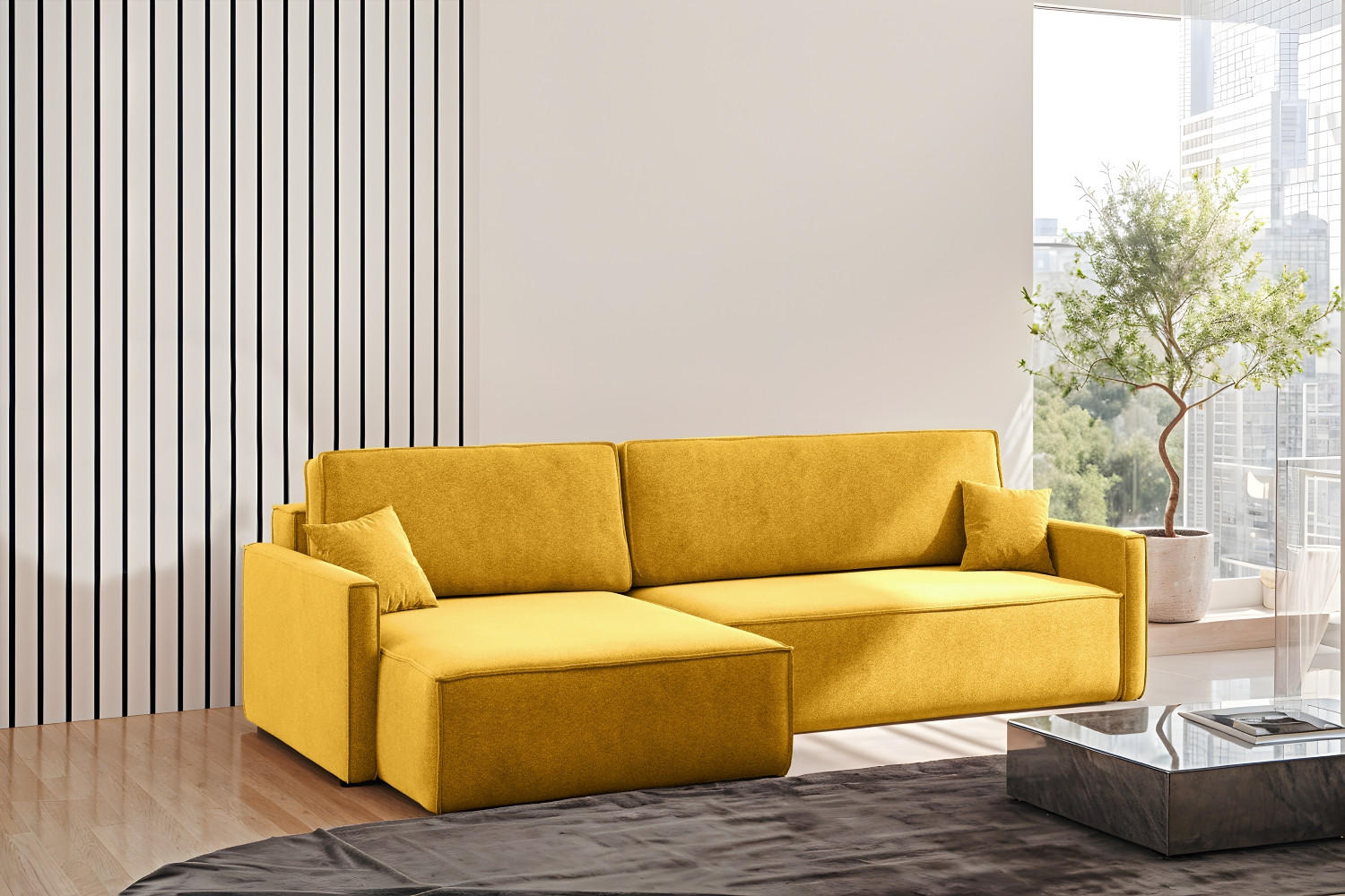 SCHLAFSOFA Carlos L-Form, Ecksofa Mit Bettkasten Und Schlaffunktion Stoff Salvador Rechts Gelb - Gelb, Holz/Textil (250/83/142cm) - Kaiser Möbel