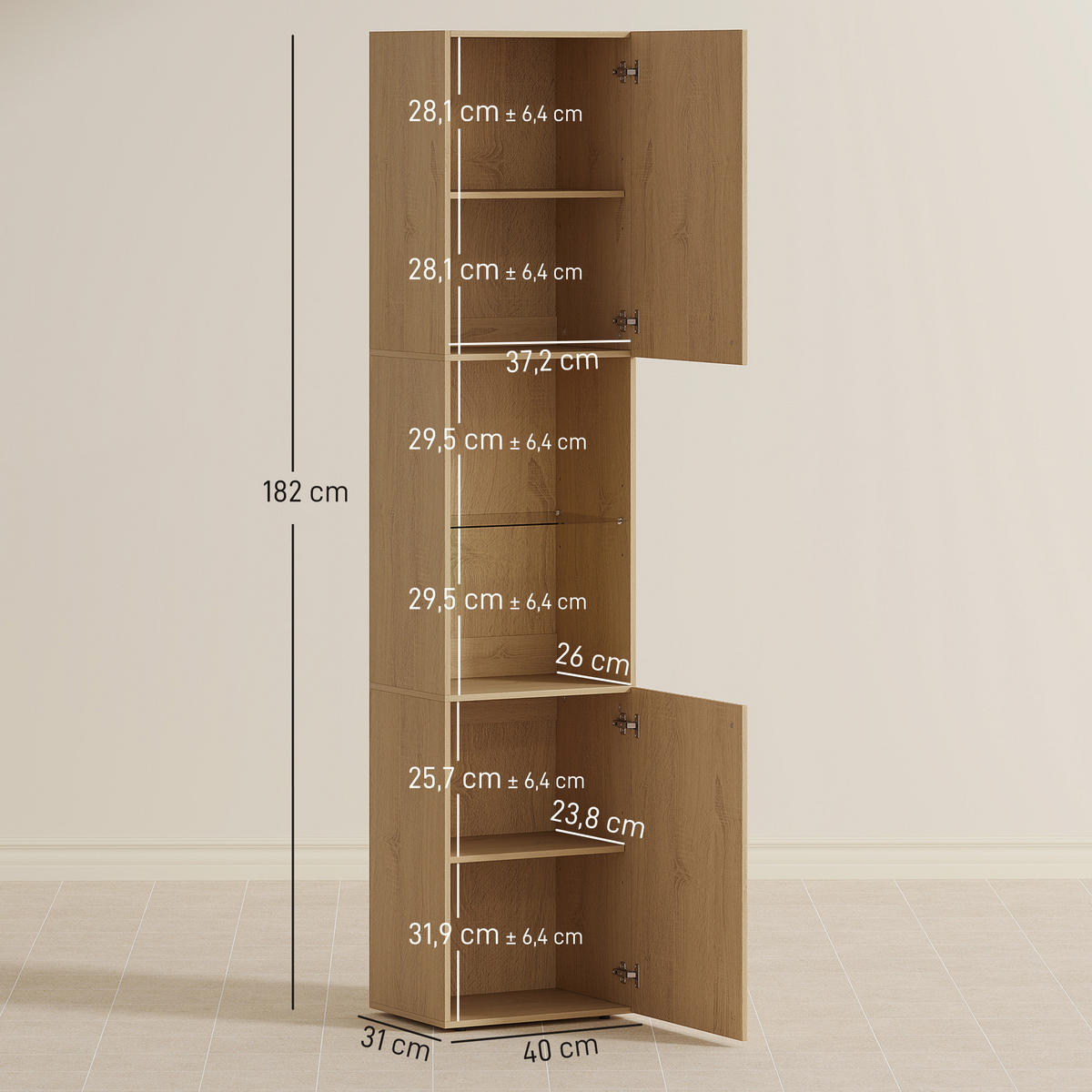 HOCHSCHRANK Eiche 40/31/182 cm - Eichefarben, Holzwerkstoff (40/182/31cm) - PANGIVO