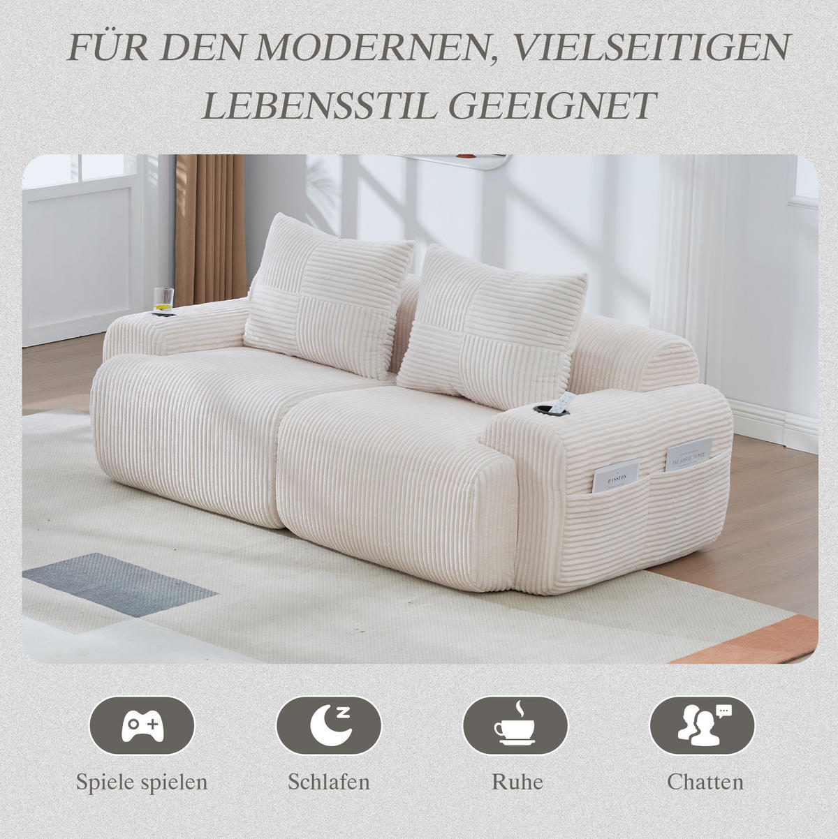 2-SITZER Sofa Cord mit Getränkehalter und Seitentasche 200/99/80 cm Beige - Beige, Textil (99/80/200cm) - Redom