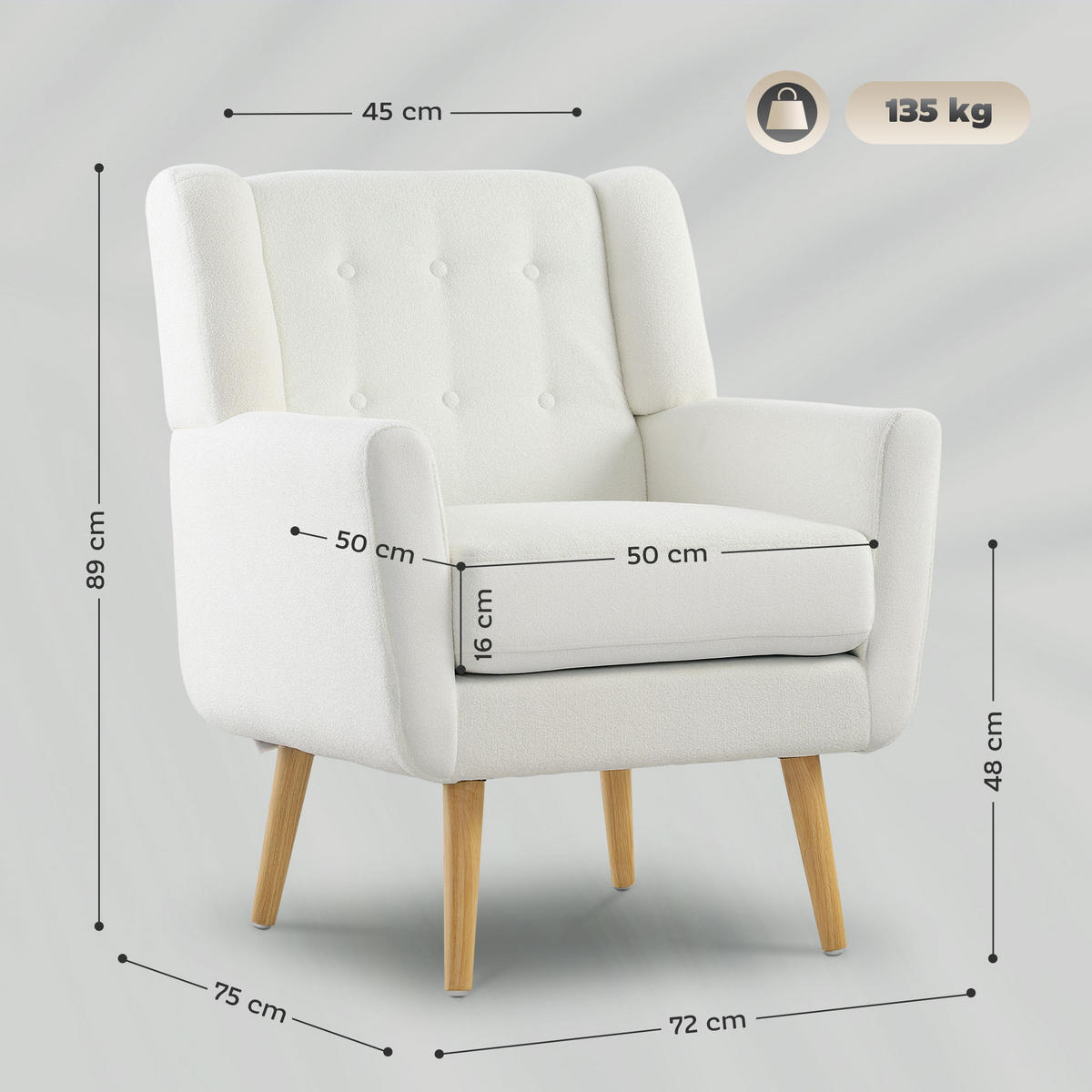 SESSEL Wohnzimmer Gepolstert Ohrensessel mit Teddy-Fleece-Optik, Holzbeine Weiß - Weiß, Kunststoff (72/89/75cm) - HOMCOM