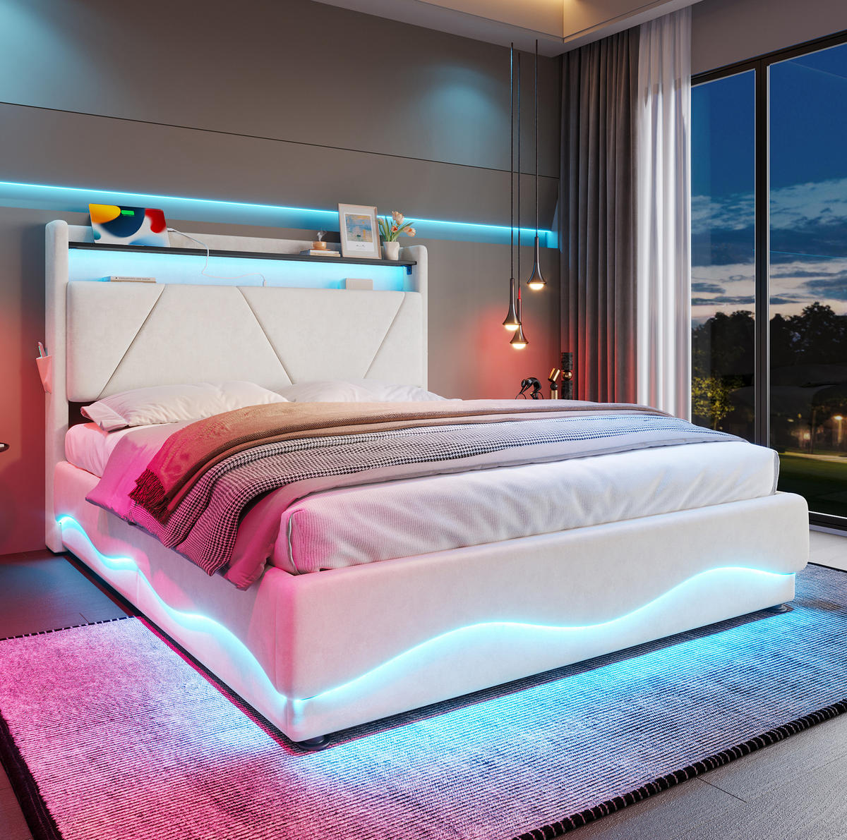 POLSTERBETT 160/200 cm in Beige aus Samt mit LED-Beleuchtung und Stauraum - Beige, Textil (160/200cm) - Flora Grace