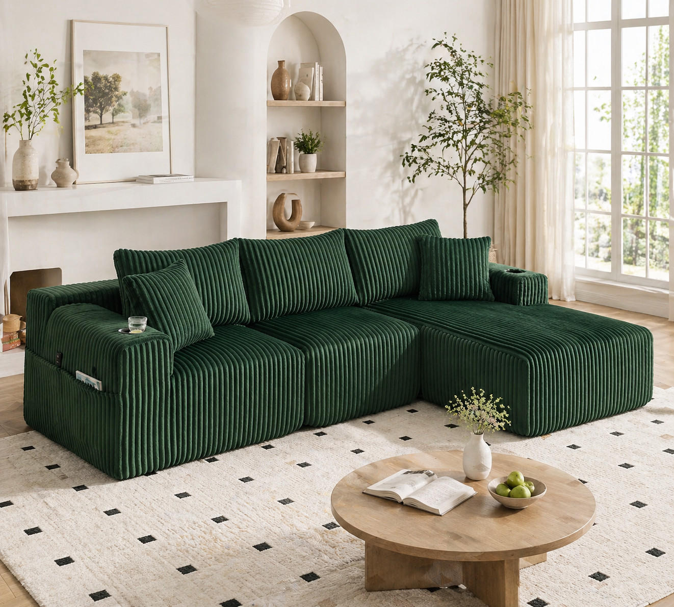 ECKSOFA 257/90-160/62 cm smaragdgrün aus Cord mit Cupholdern - Smaragdgrün, Textil (160/257cm) - OKWISH