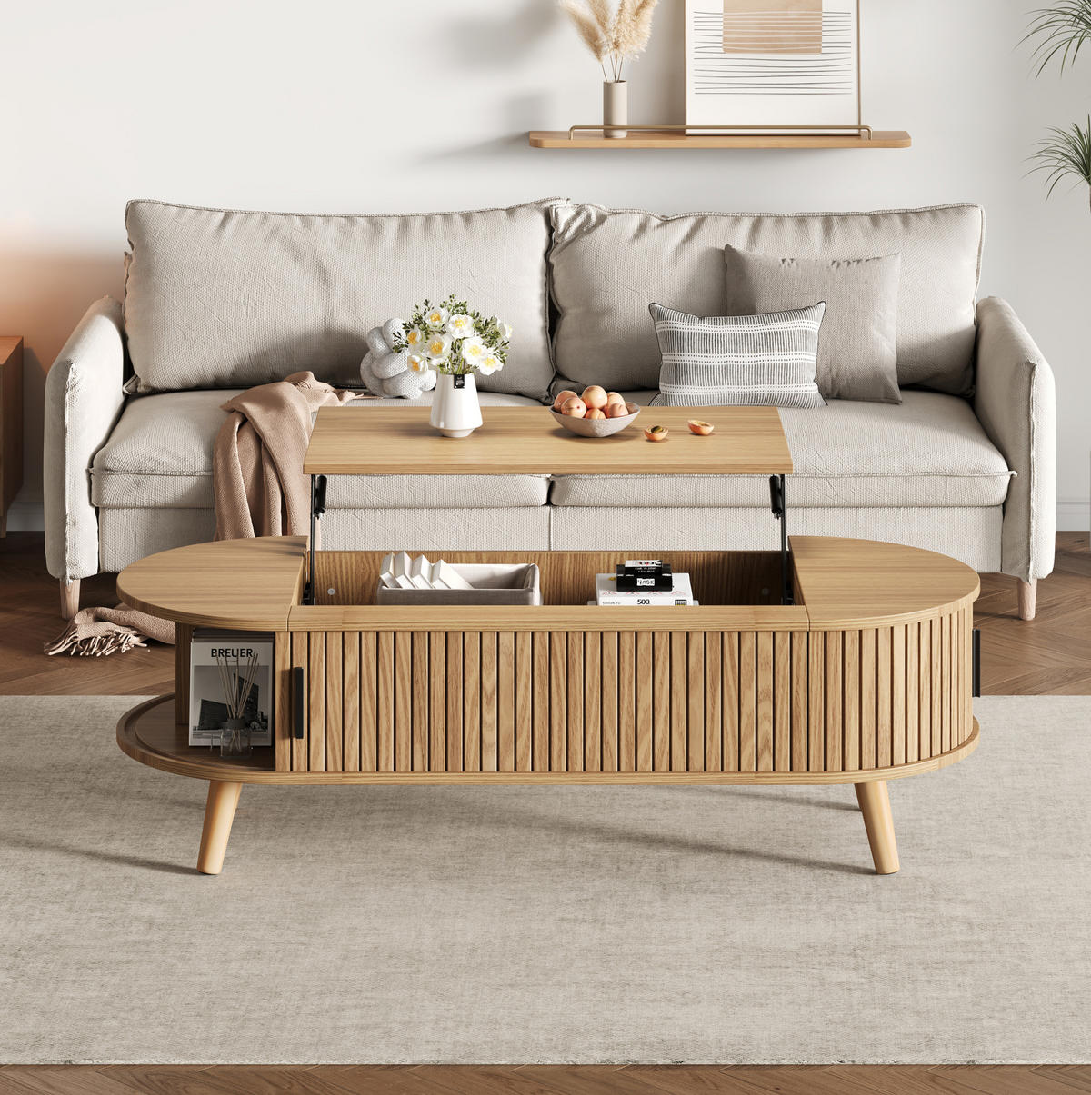 COUCHTISCH 120/50/39,5 cm höhenverstellbar aus MDF mit verstecktem Stauraum und Rollladentüren, Natur - Naturfarben, Holzwerkstoff (120/50/39.5cm) - Redom
