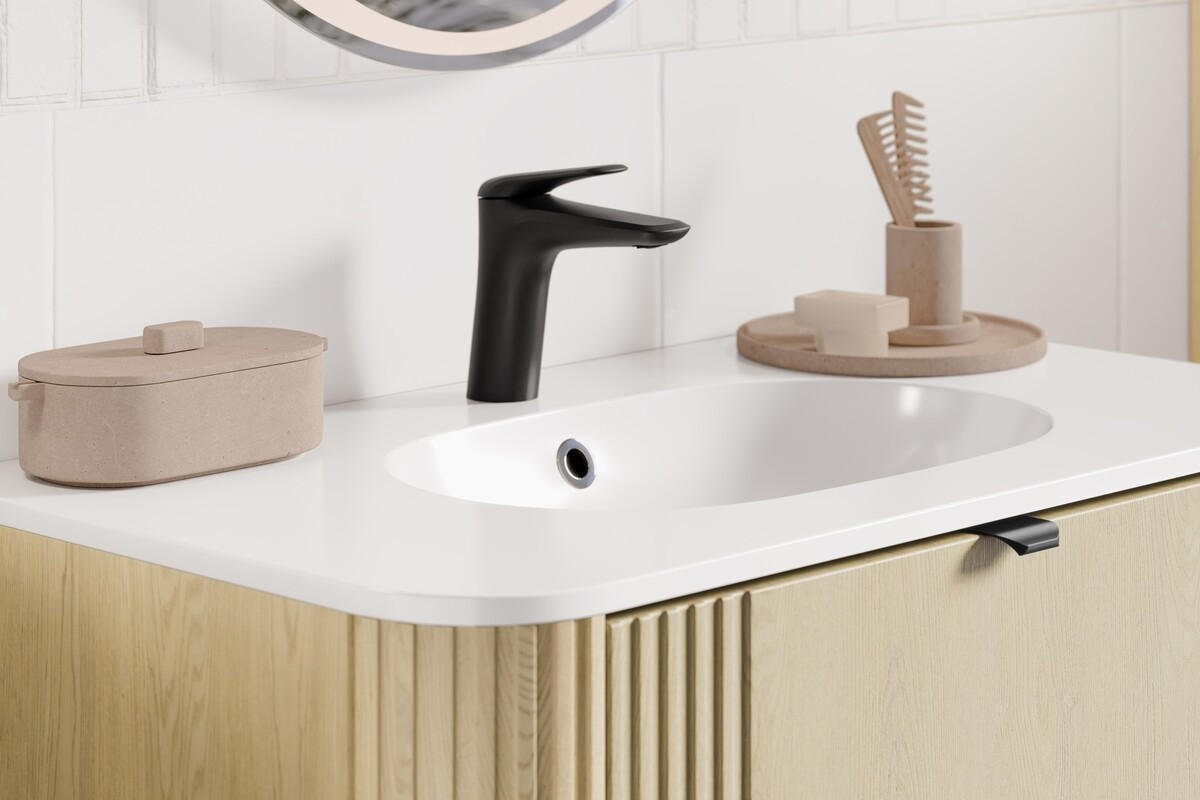 WASCHTISCHKOMBI 80 cm 2 Teile - Ovalia Cremona O BM406 in Cremona-Eiche - Eichefarben/Weiß Hochglanz, Holz/Keramik (80/52/46cm)