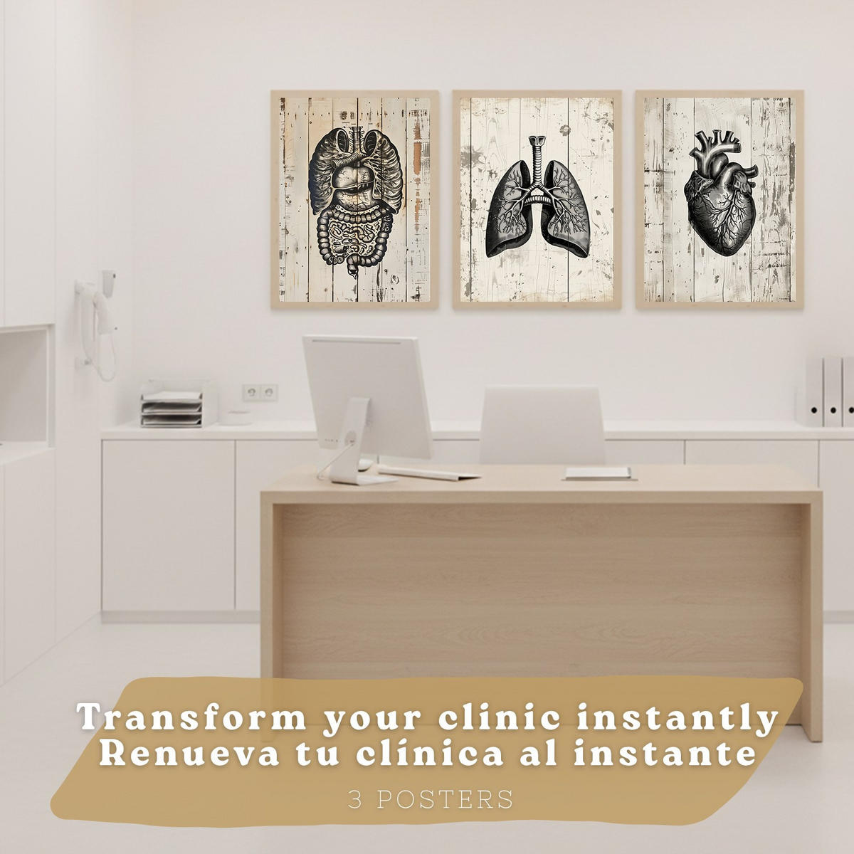 POSTER Set aus 3 Anatomie Drucke und Dekorative Wandbilder mit Herz Gehirn Lungen Atmungssystem Vintage Florales Grün Gold Design Größe Rahmenlos A3 - Klar, Papier (29.7/42/3cm) - Nacnic