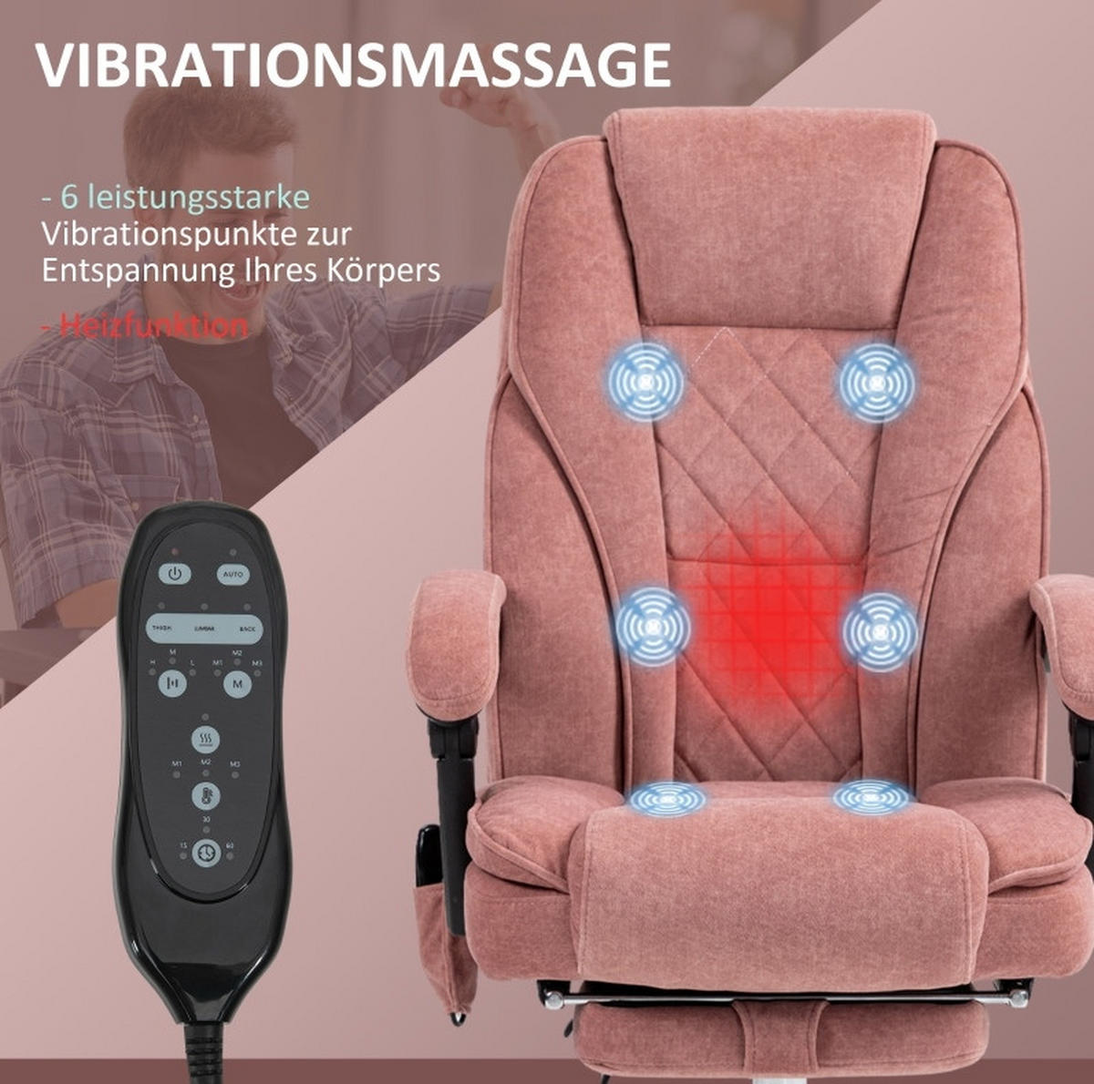 BÜROSTUHL mit Vibrationsmassage 67 x 72 x 111-119 cm Polyester Pink - Pink, Kunststoff (67/119/72cm) - Meubliv