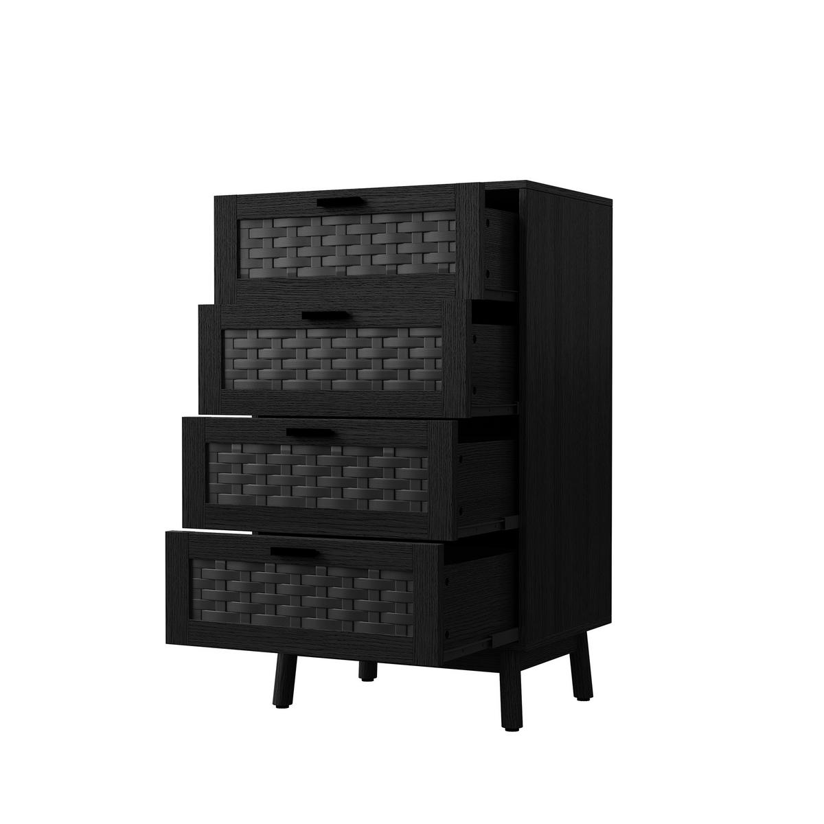 KOMMODE Japandi mit 4 Schubladen in Rattan-Optik 55/40/95 cm Schwarz - Schwarz, Holzwerkstoff (55/95/39.8cm) - Creahappy