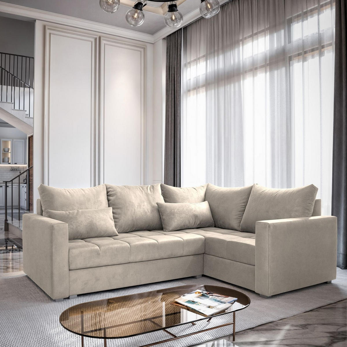 ECKSOFA LIRENO R-S Beige Plüsch-Stoff mit Schlaffunktion - Beige, Holz (220/153cm) - MASSENO