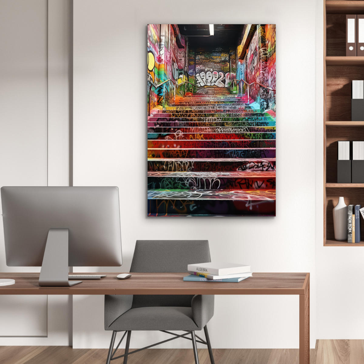 METALLBILD Treppe - Graffiti - Farben - Kunst 60x90 cm - Multicolor, Metall (60/90cm) - MuchoWow