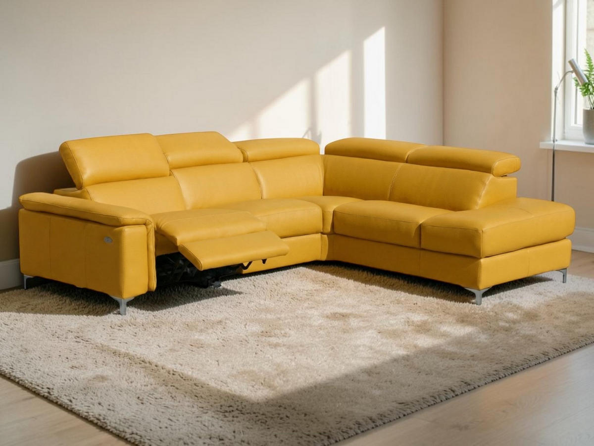 ECKSOFA Avenger Echtleder mit 1 x Relaxfunktion Senfgelb - Gelb, Leder/Metall (271/81/224cm)