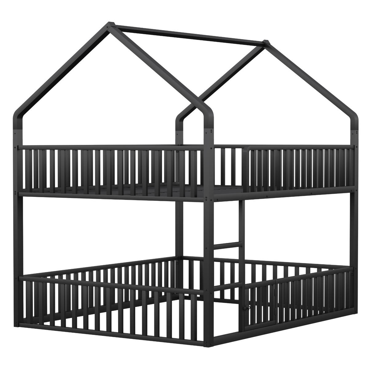 HAUSBETT 140/200 cm aus Metall in Schwarz mit Tür und Sicherheitsgeländer - Schwarz, Metall (140/200cm) - Flora Grace