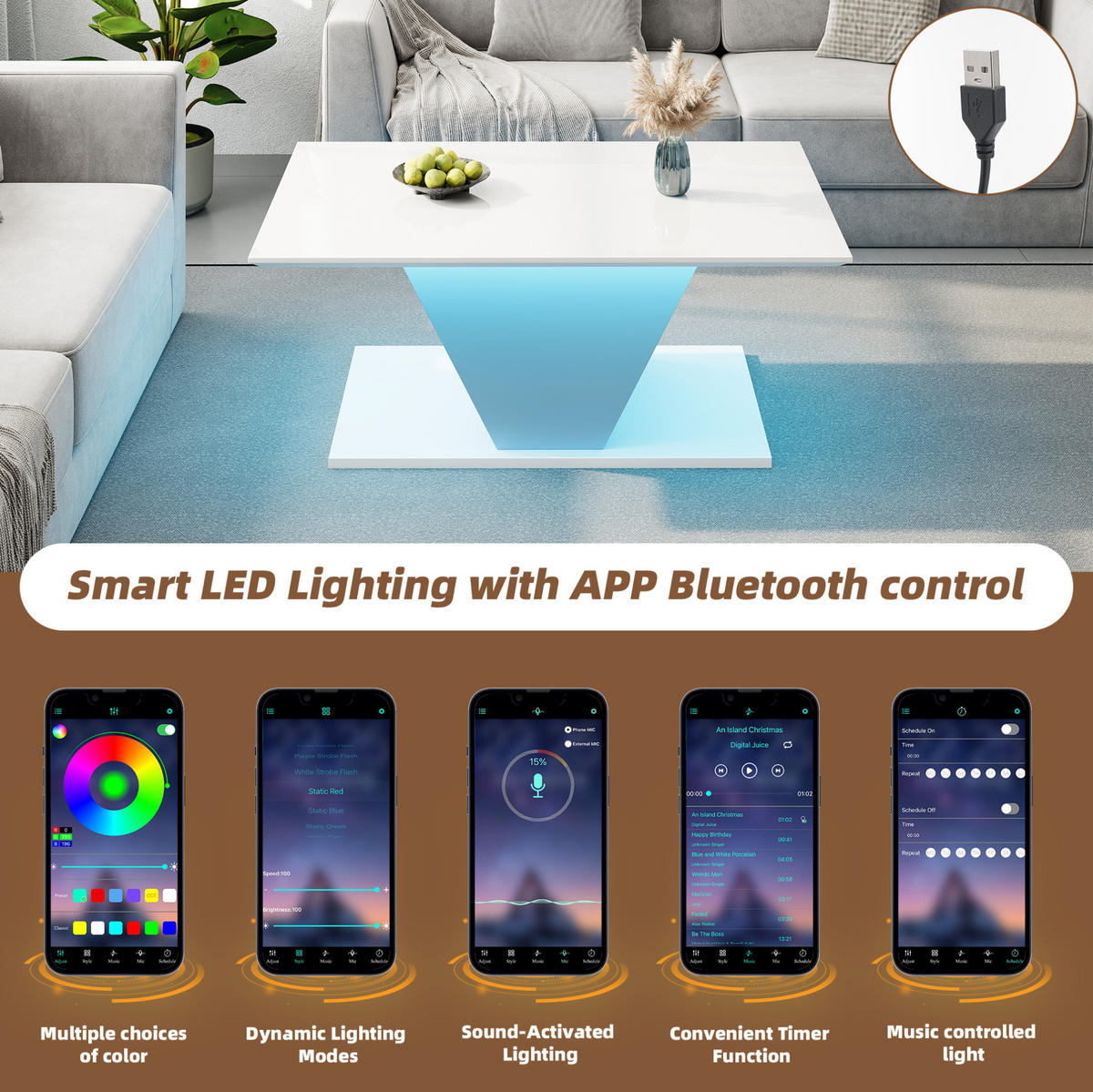 COUCHTISCH 100/50/46 cm Weiß aus Spanplatte mit LED-Leuchten - Weiß, Holzwerkstoff (100/50/46cm) - OKMYHOME