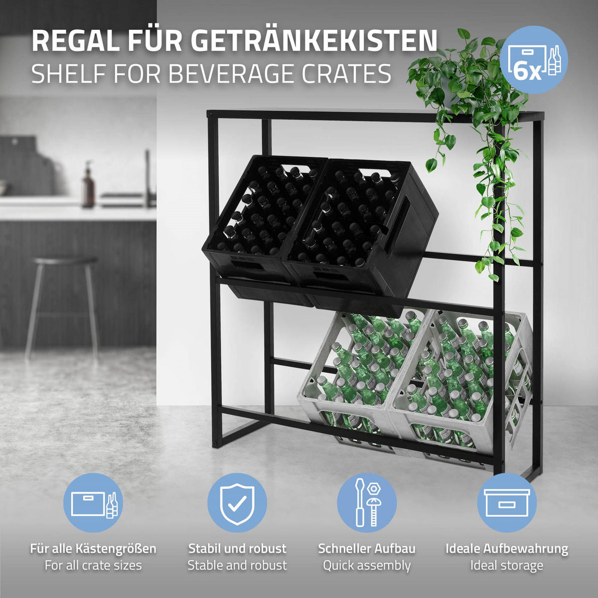 GETRÄNKEKISTENREGAL für 6-8 Kisten mit Ablage 100x32x108,5 cm aus Stahl - Schwarz, Metall (32/108.5/100cm) - ML-DESIGN