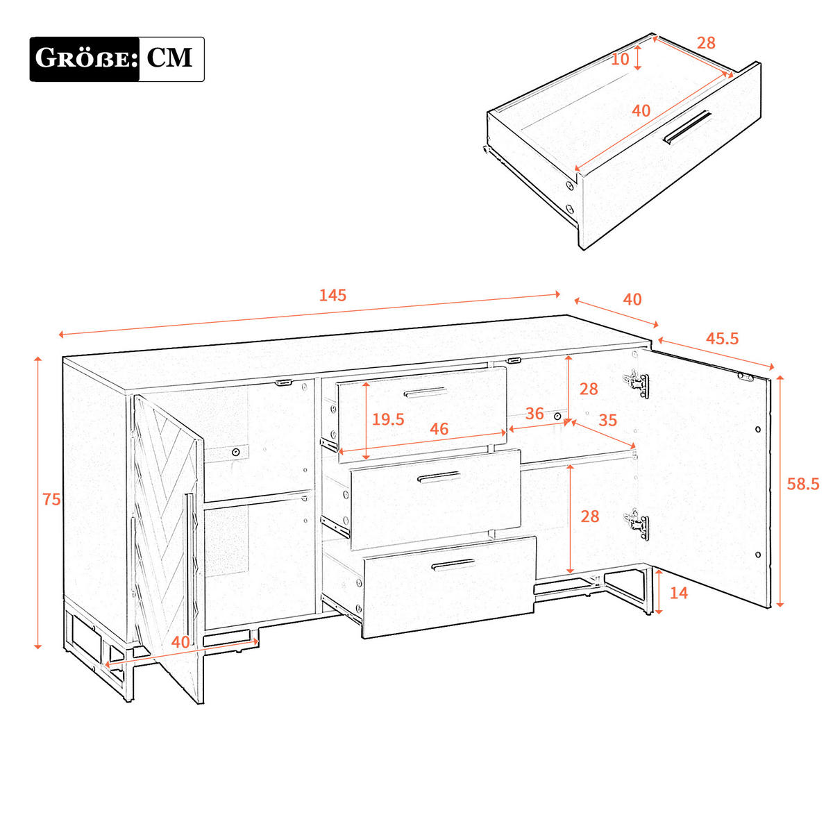 SIDEBOARD in Weiß & Gold mit 2 Türen & 3 Schubladen - Weiß, Holzwerkstoff (145/75/40cm) - Urban Meuble