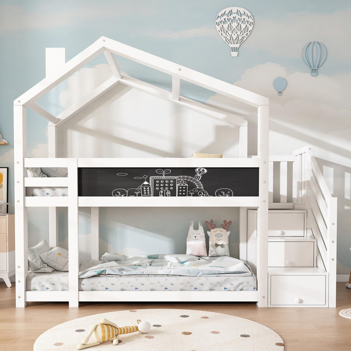 ETAGENBETT 90/200 cm in Weiß mit Tafel und Stauraum im Baumhaus-Design - Weiß, Holzwerkstoff (90/200cm) - OKMYHOME