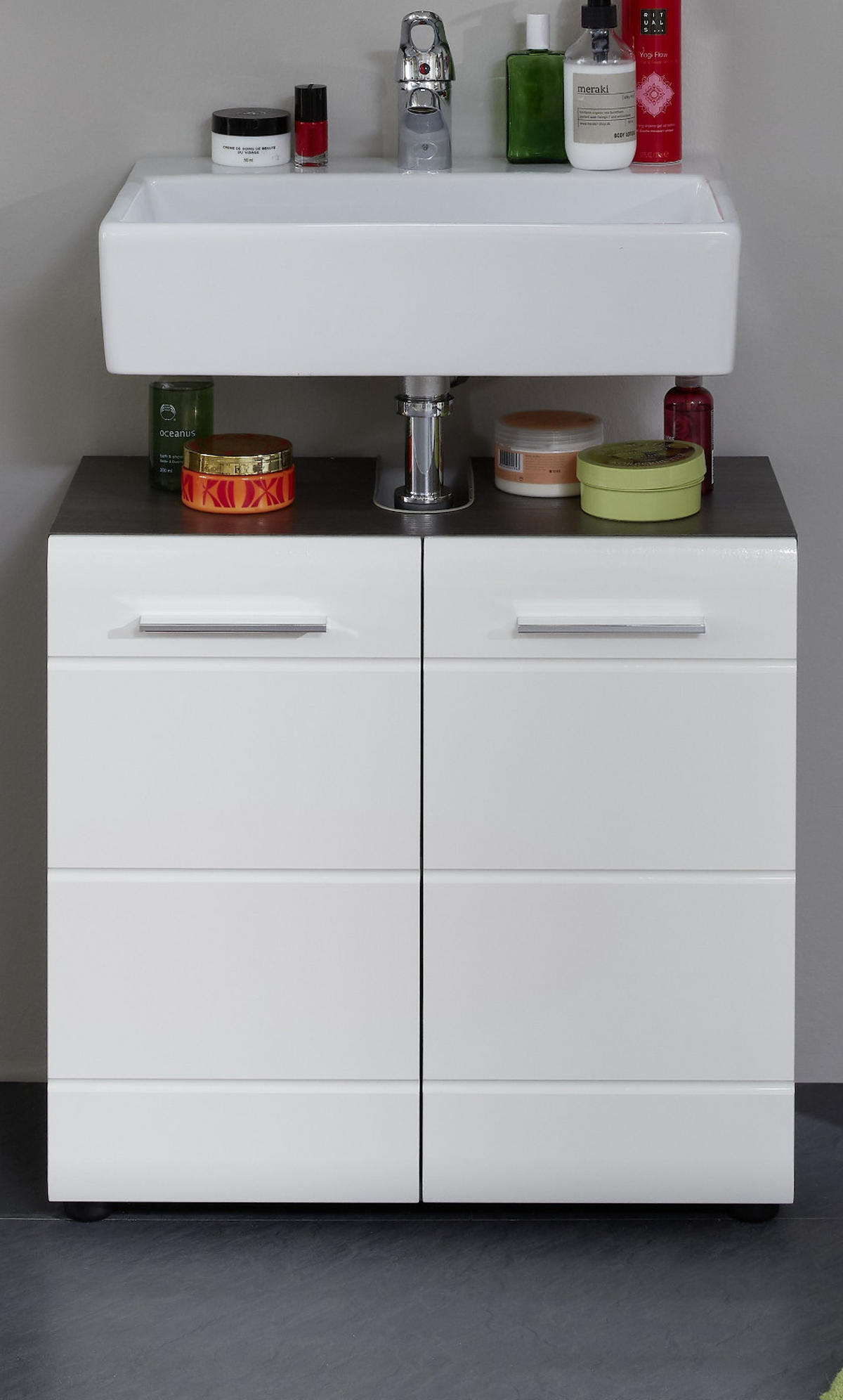 WASCHBECKENUNTERSCHRANK weiß Hochglanz, grau Badschrank 60 x 57 cm - Weiß Hochglanz/Silberfarben, Holzwerkstoff/Kunststoff (60/57/31cm) - Top.Furn