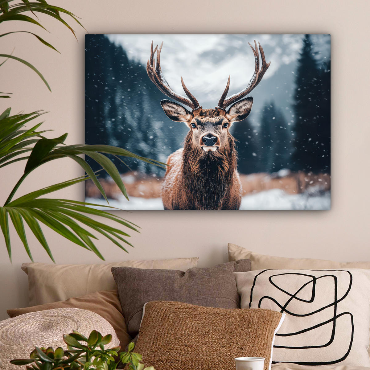 LEINWANDBILD Hirsche - Tiere - Landschaft - Winter - Schnee Wandbilder 80x60 cm - Kastanienfarben, Textil (80/60cm) - MuchoWow