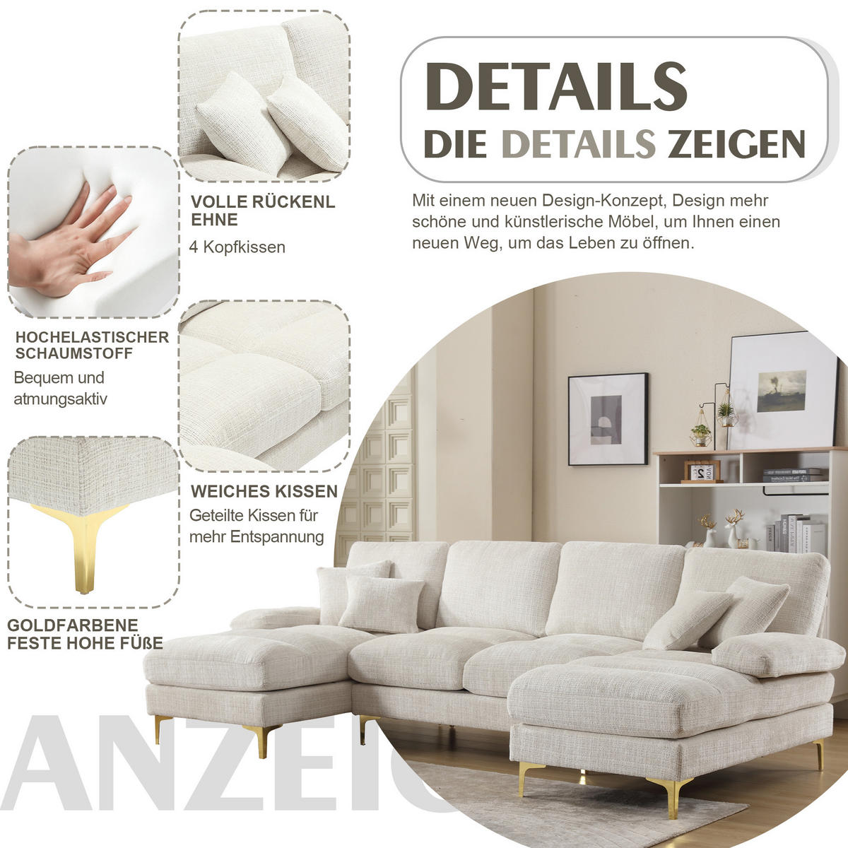 WOHNLANDSCHAFT U-Form Chenille mit 2 Liegeflächen 272/136/88 cm Beige - Beige, Textil/Metall (136/88/272cm) - Redom