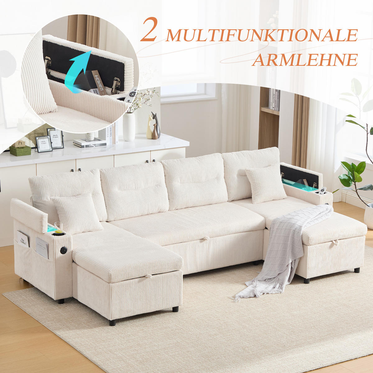 SCHLAFSOFA 4-Sitzer mit Chaiselongues, USB und Stauraum, Beige - Beige, Textil (272/86/136cm)