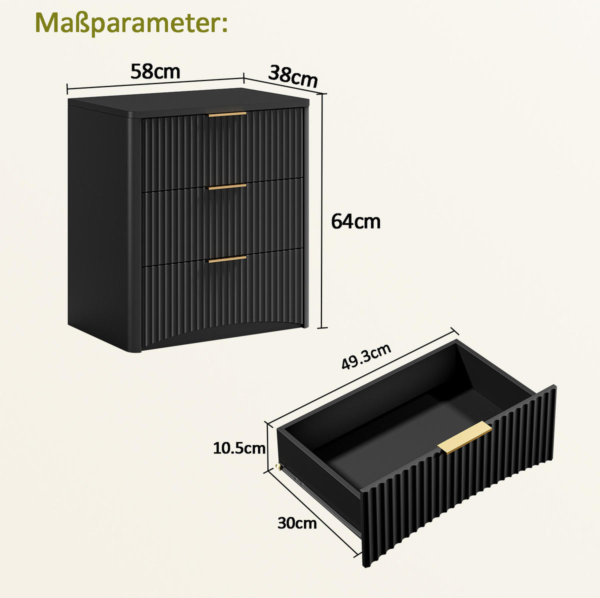 NACHTTISCH aus MDF 58x38x64 cm Schwarz mit 3 Schubladen, Dämpfungssystem und Rillenfront - Schwarz, Holzwerkstoff (58/64/38cm) - Modfu
