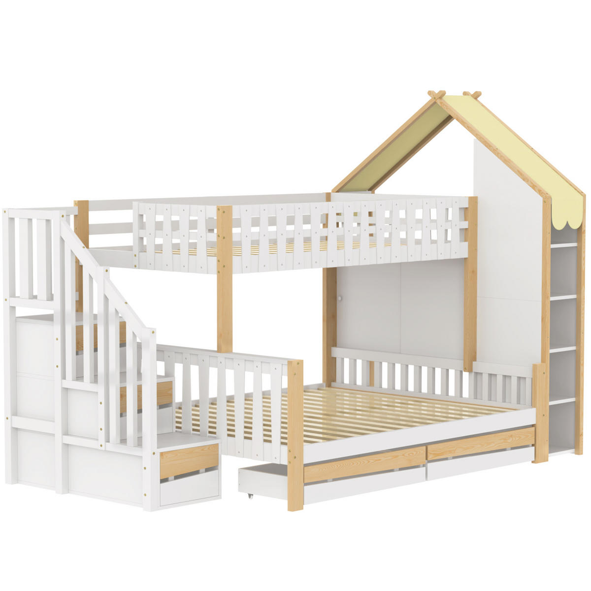 HAUSBETT 90/200 + 140/200 cm in Weiß/Natur mit Stauraumleiter und Schubladen - Weiß, Holz (90/200cm) - BEAOK