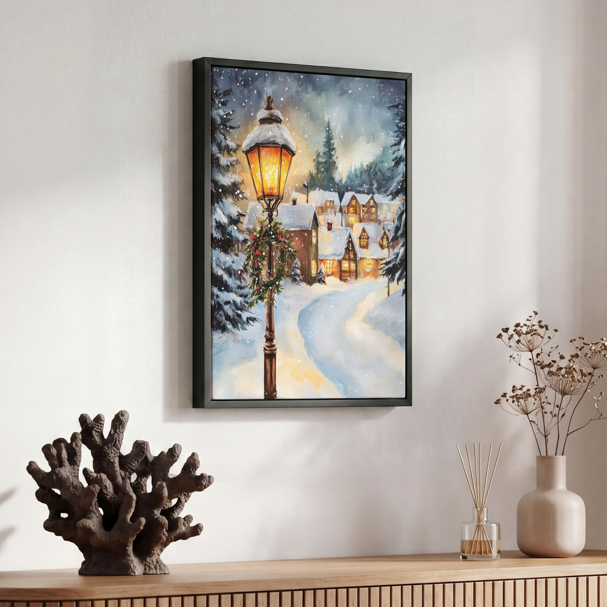 LEINWAND Bilder mit Rahmen - Weihnachtsdorf - Häuser - Schnee - Weihnachten - 30x40 - Sandfarben, Textil (30/40cm) - MuchoWow