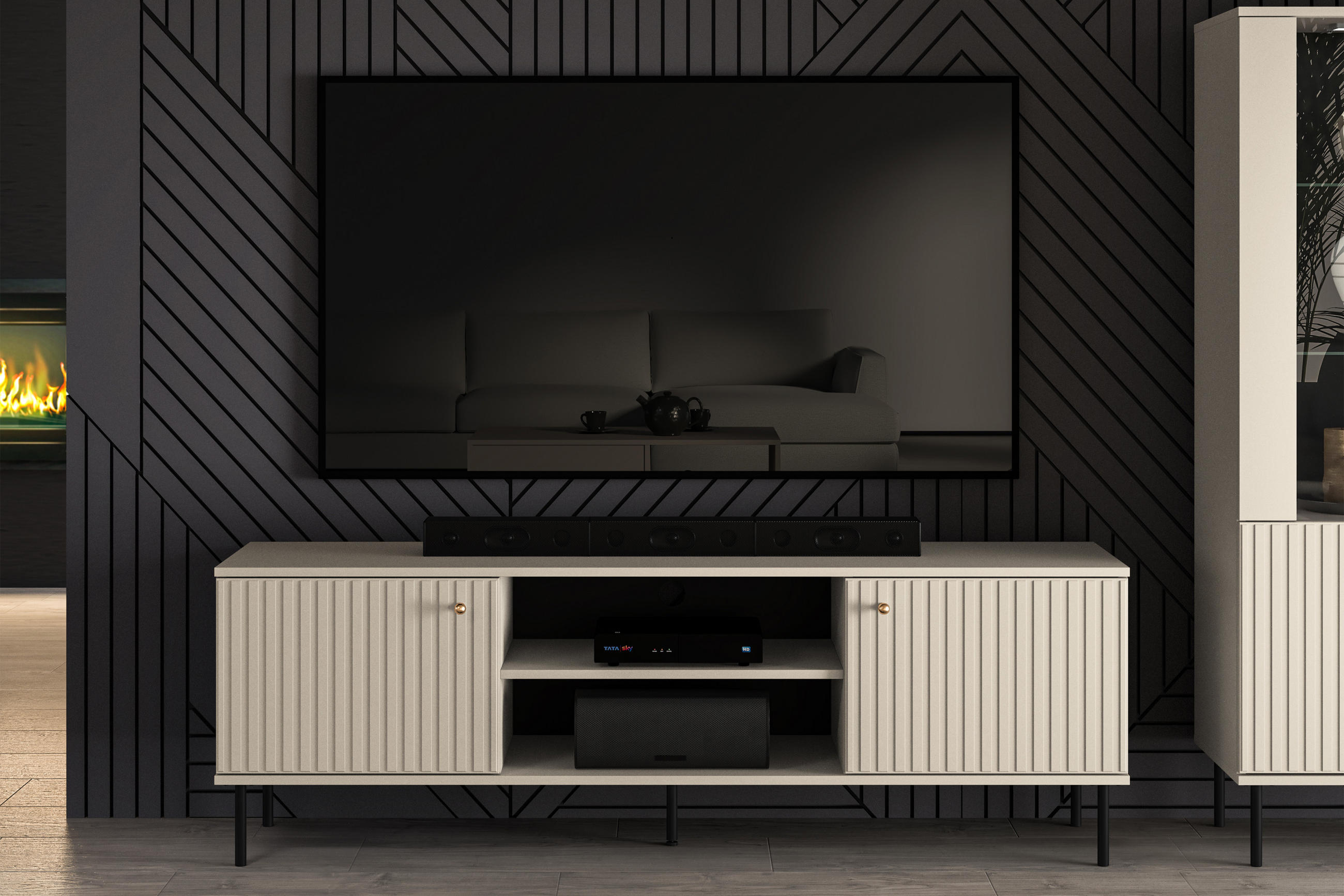 LOWBOARD DROMA mit Goldelementen, Creme - Creme/Schwarz, Holz/Metall (160/53/40cm) - KONSIMO®