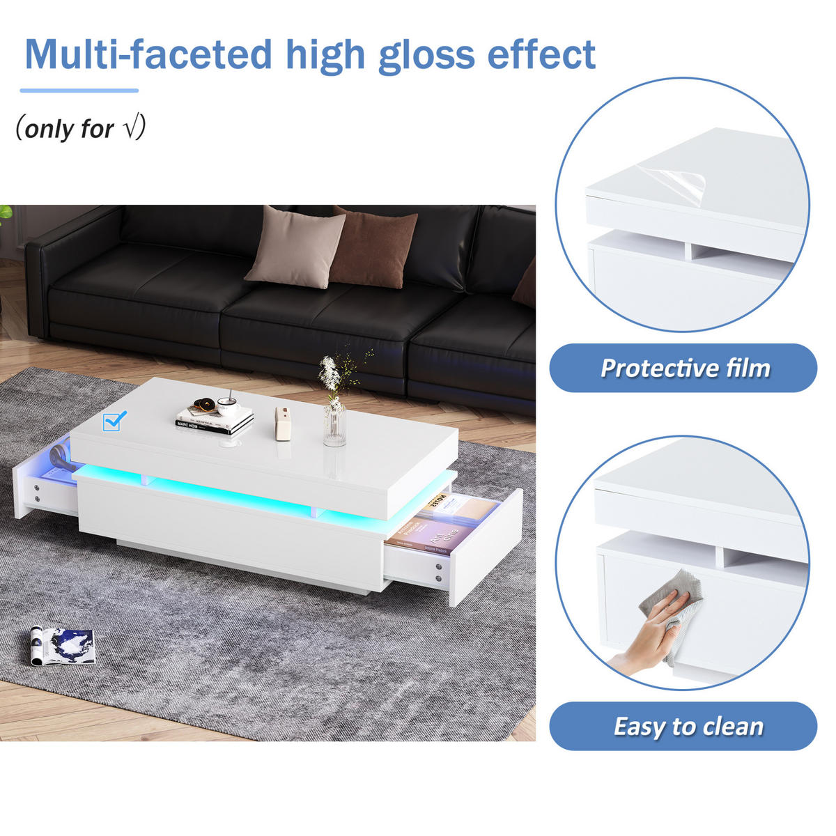 COUCHTISCH 100/50/35 cm weiß aus Spanplatte mit 2 Schubladen und LED-Beleuchtung - Weiß, Holzwerkstoff (100/50/35cm) - OKMYHOME