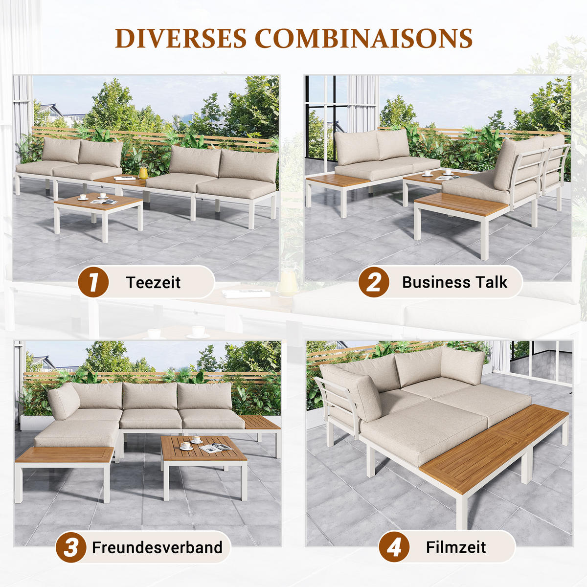 LOUNGESET 5-tlg. Beige 2x Zweisitzer 2x Tische 1x Tisch Akazie - Beige, Metall - FLIEKS