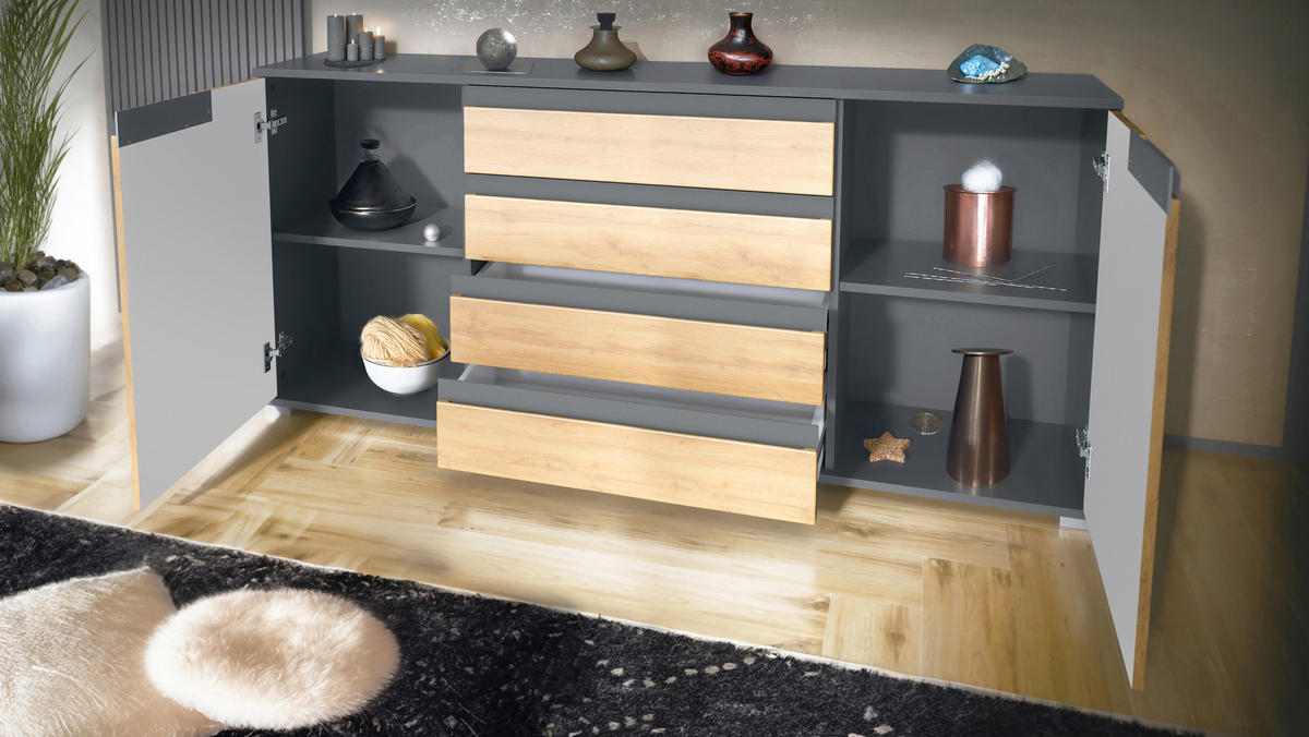 SIDEBOARD Sylt Weiß Hochglanz / Schwarz Hochglanz - Weiß Hochglanz, Holzwerkstoff (166.5/75.5/35cm) - Vladon